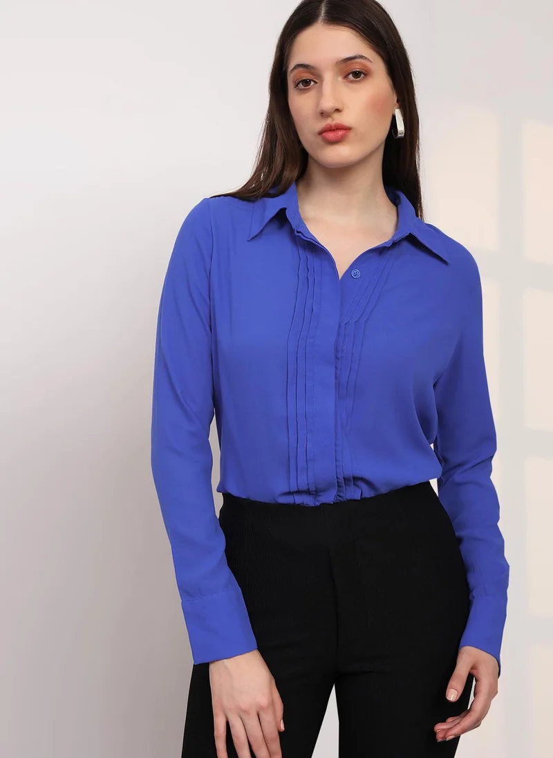 globus Globus Women Blue Spread Collar Cuffed Sleeves Straight Hem Pleated Workwear Shirt